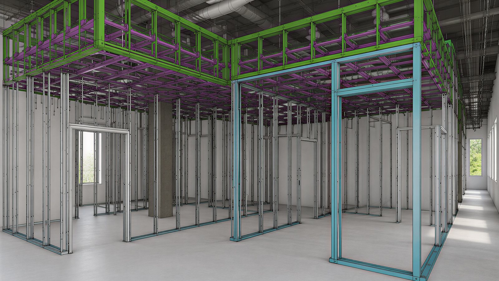 Color-coded layout of metal stud partitions, door openings, and ceiling grid