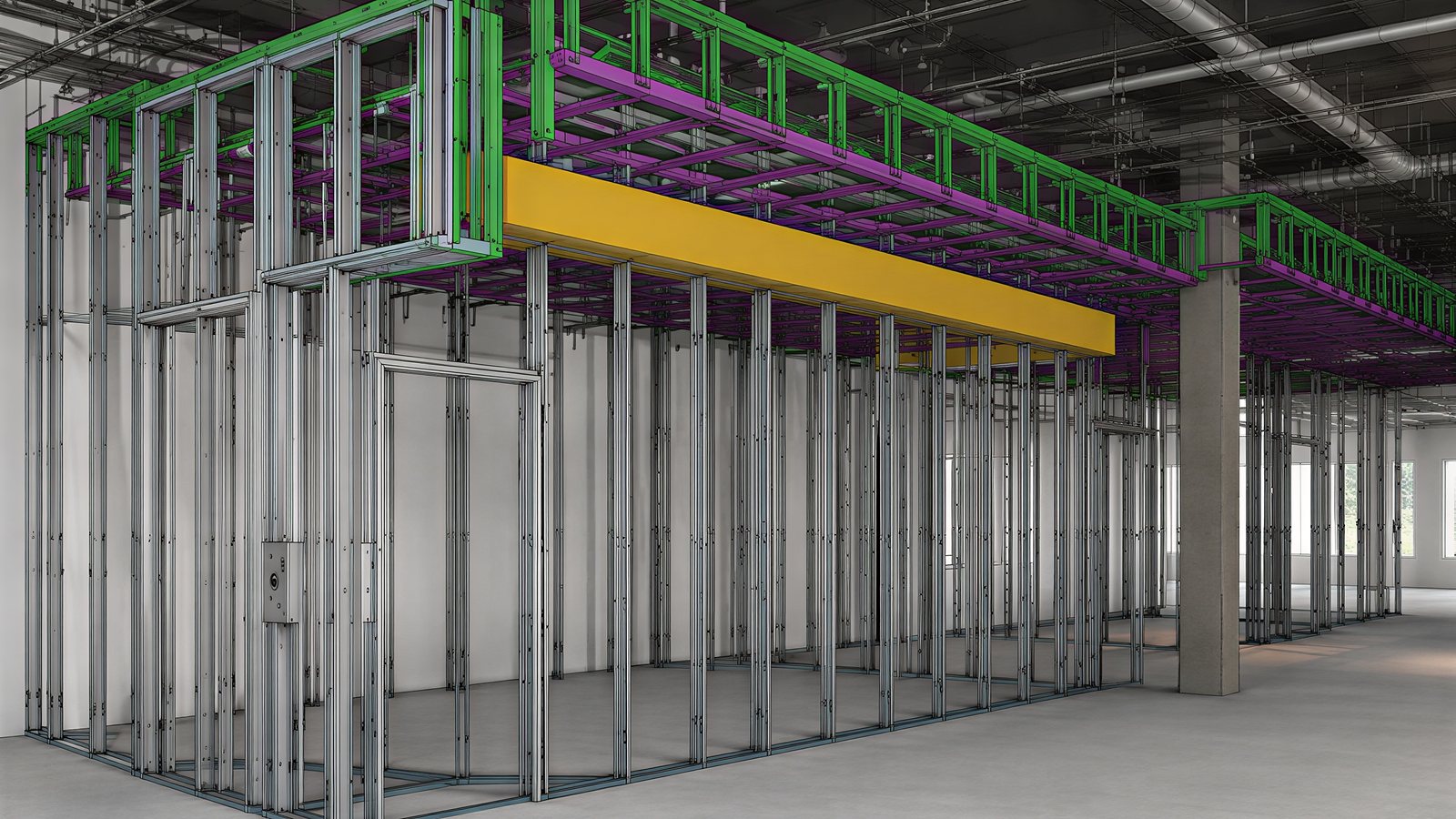 Color-coded soffit and bulkhead framing coordinated above the ceiling grid line