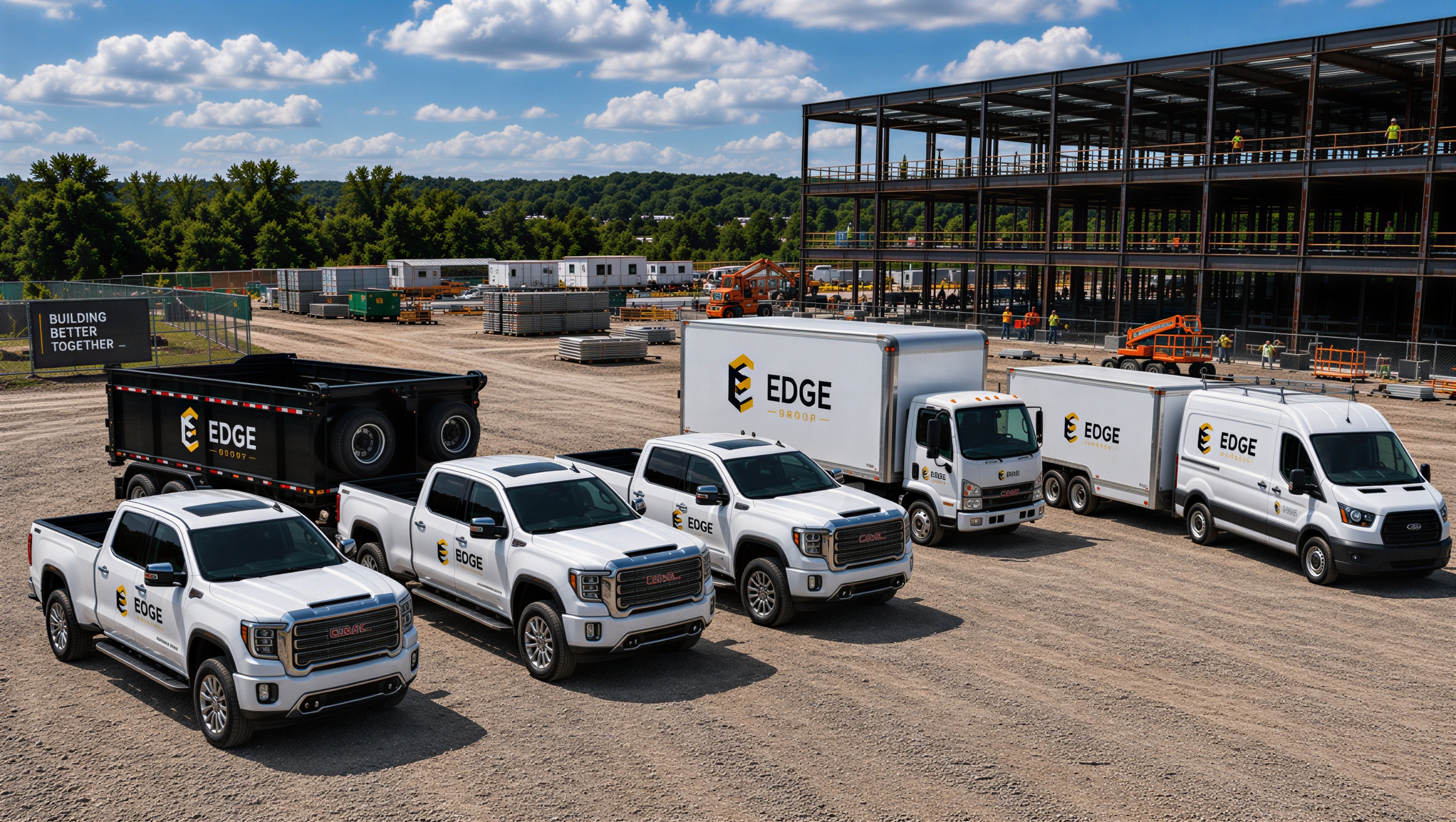 Edge Group pickup trucks, box truck, enclosed trailers, and cargo van staged at a structural steel project site