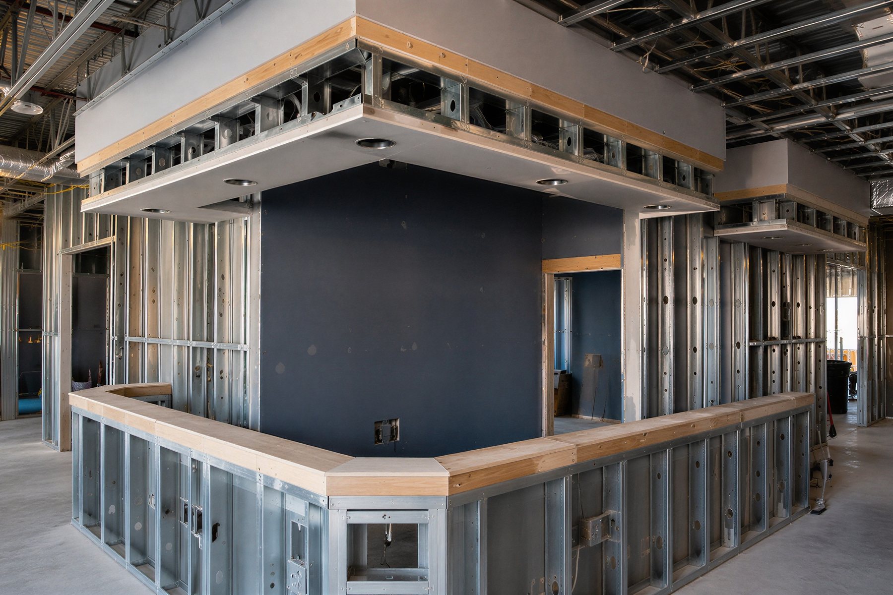 Metal stud soffit framing with wood blocking and recessed light housings installed