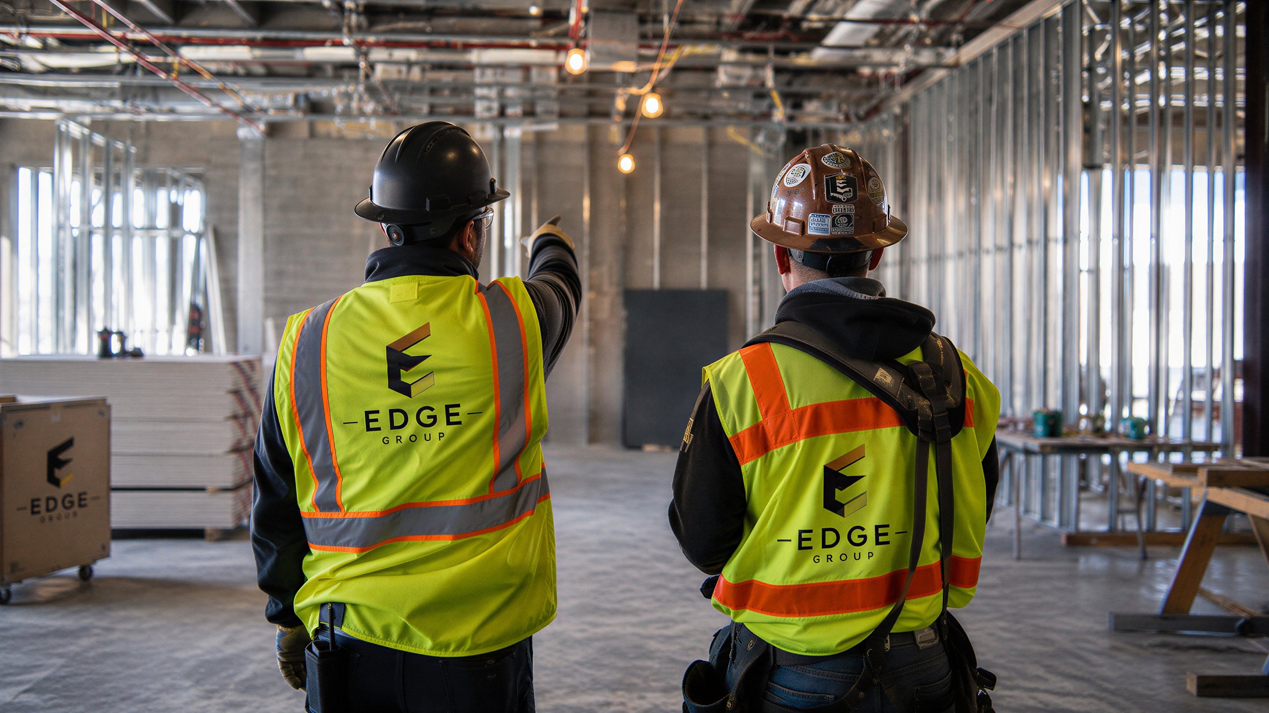 Two Edge Group workers reviewing overhead conditions inside an interior fit-out with metal stud framing in progress